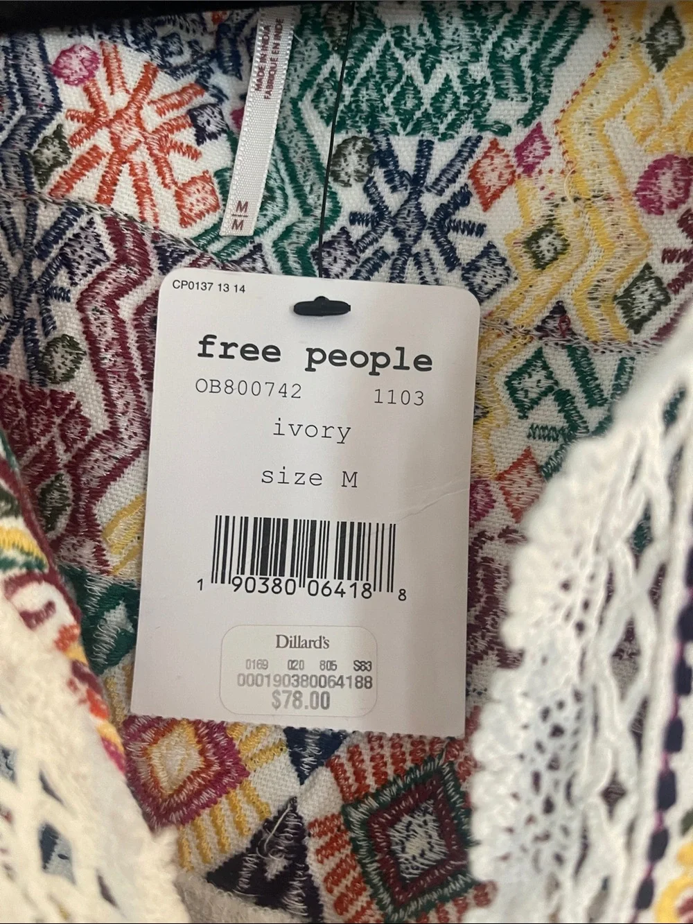 Free People Cream Gauze Camisole with Multicolor Embroidered Yoke